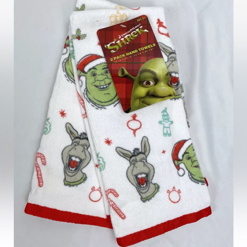 DreamWorks Christmas Holiday Shrek & Donkey 2pk Hand Towels 15x25